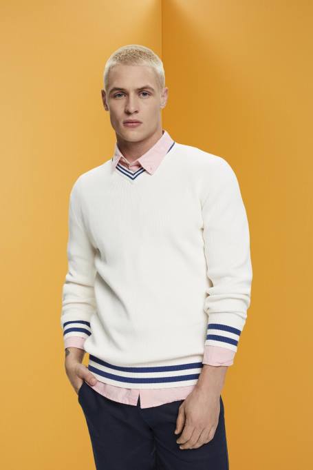 Esprit kampsunid mehed valkjas v-kaelusega säästev puuvillane kampsun Z24R725