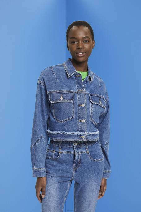 Esprit jakid naised sinine tume pesu kärbitud teksajakk kulunud äärega Z24R311