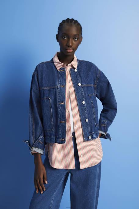 Esprit jakid naised sinine tume pesu nööridega kraeta teksajakk Z24R298