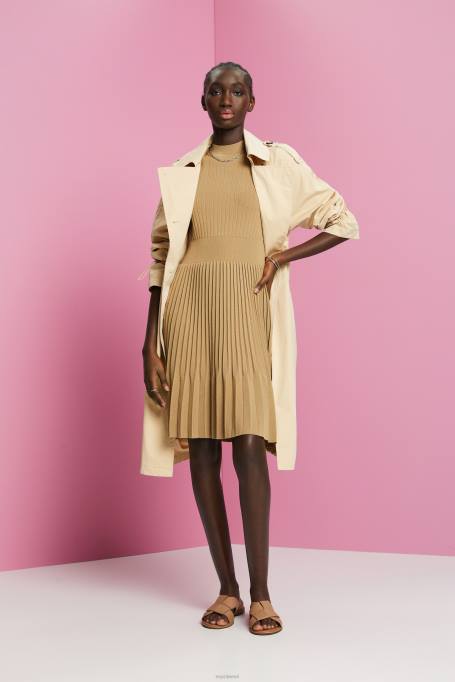 Esprit Kleidid naised khaki beež mockneck plisseeritud midi kleit lühikeste varrukatega Z24R119