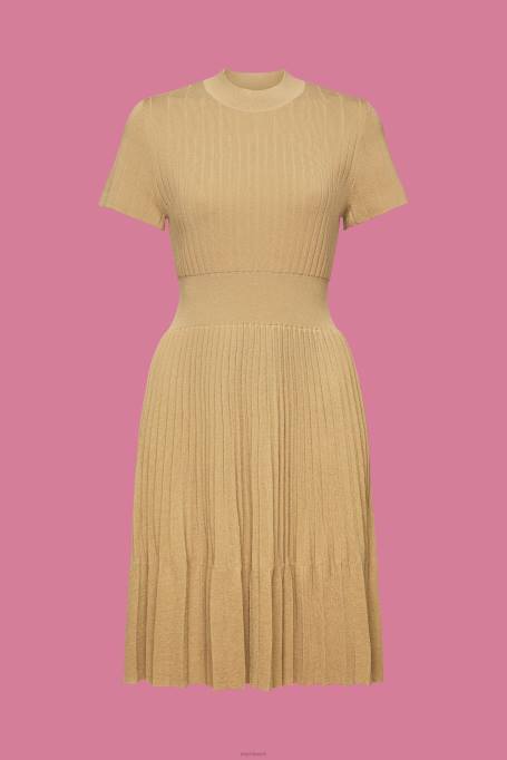 Esprit Kleidid naised khaki beež mockneck plisseeritud midi kleit lühikeste varrukatega Z24R119