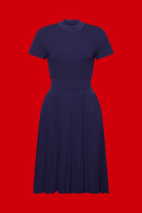 Esprit Kleidid naised tumesinine mockneck plisseeritud midi kleit lühikeste varrukatega Z24R122