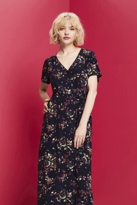 Esprit Kleidid naised tumesinine trükitud midikleit koos seotava vööga Z24R189