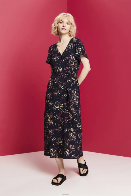 Esprit Kleidid naised tumesinine trükitud midikleit koos seotava vööga Z24R189