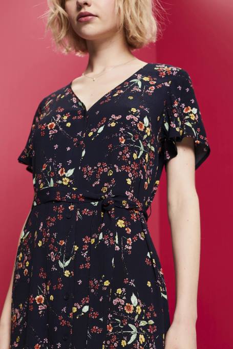 Esprit Kleidid naised tumesinine trükitud midikleit koos seotava vööga Z24R189