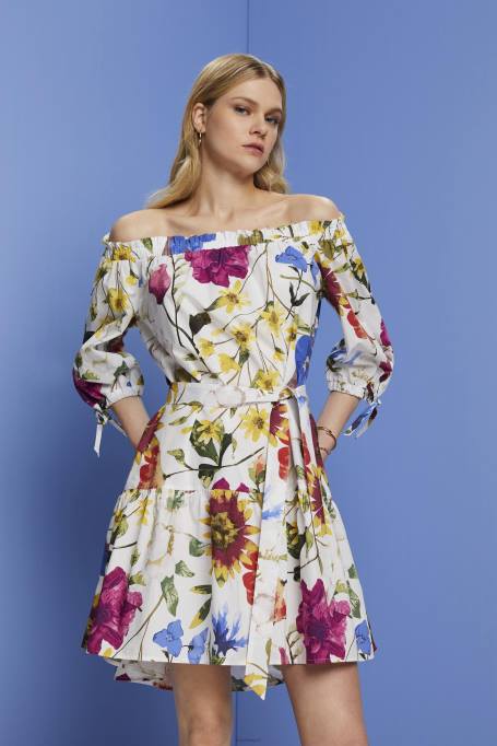 Esprit Kleidid naised valge õlavaba mustriga popliinist minikleit Z24R178