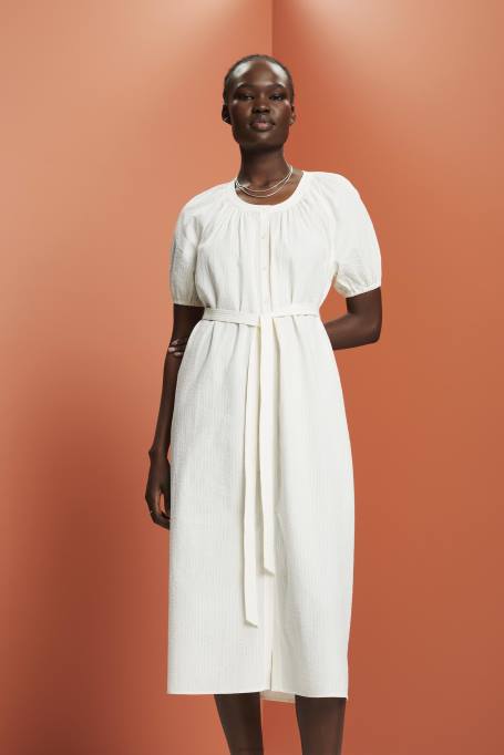 Esprit Kleidid naised valge midi särkkleit seotava vööga, puuvillasegu Z24R235