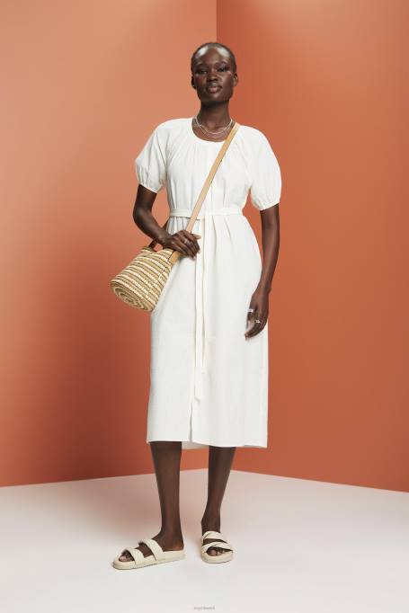 Esprit Kleidid naised valge midi särkkleit seotava vööga, puuvillasegu Z24R235