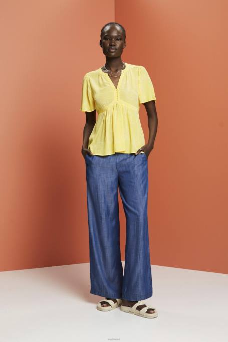 Esprit pluusid naised helekollane lühikeste varrukatega pluus seotava vööga Z24R222